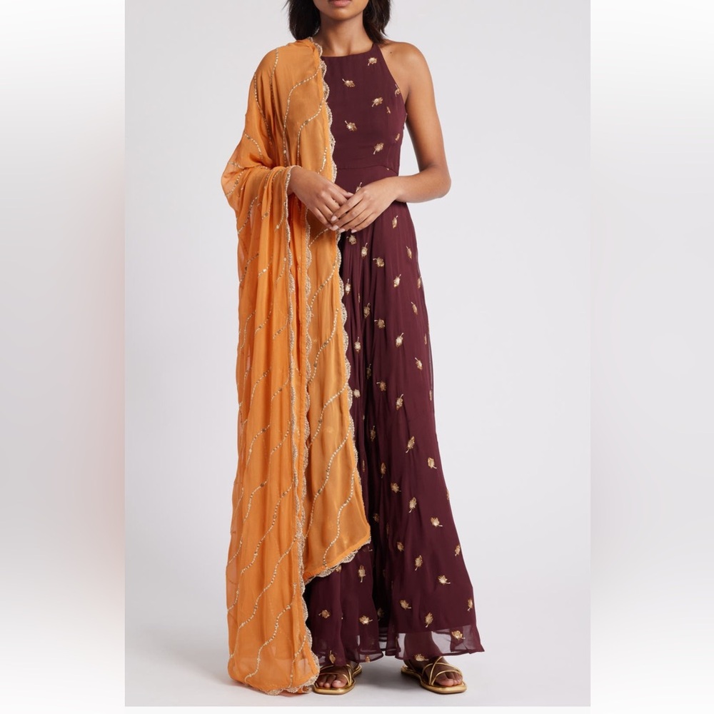 Women’s Maroon Halter Maxi Dress with Gold Motif and Orange Scarf